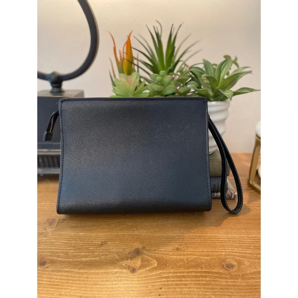 Kate Spade New York Black Saffiano Leather Wristlet Clutch Gold Logo Bag‎